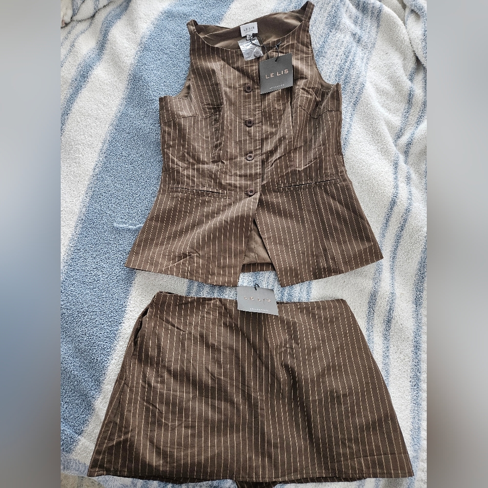 Le Lis Brown Pinstripe Top and Skort Set